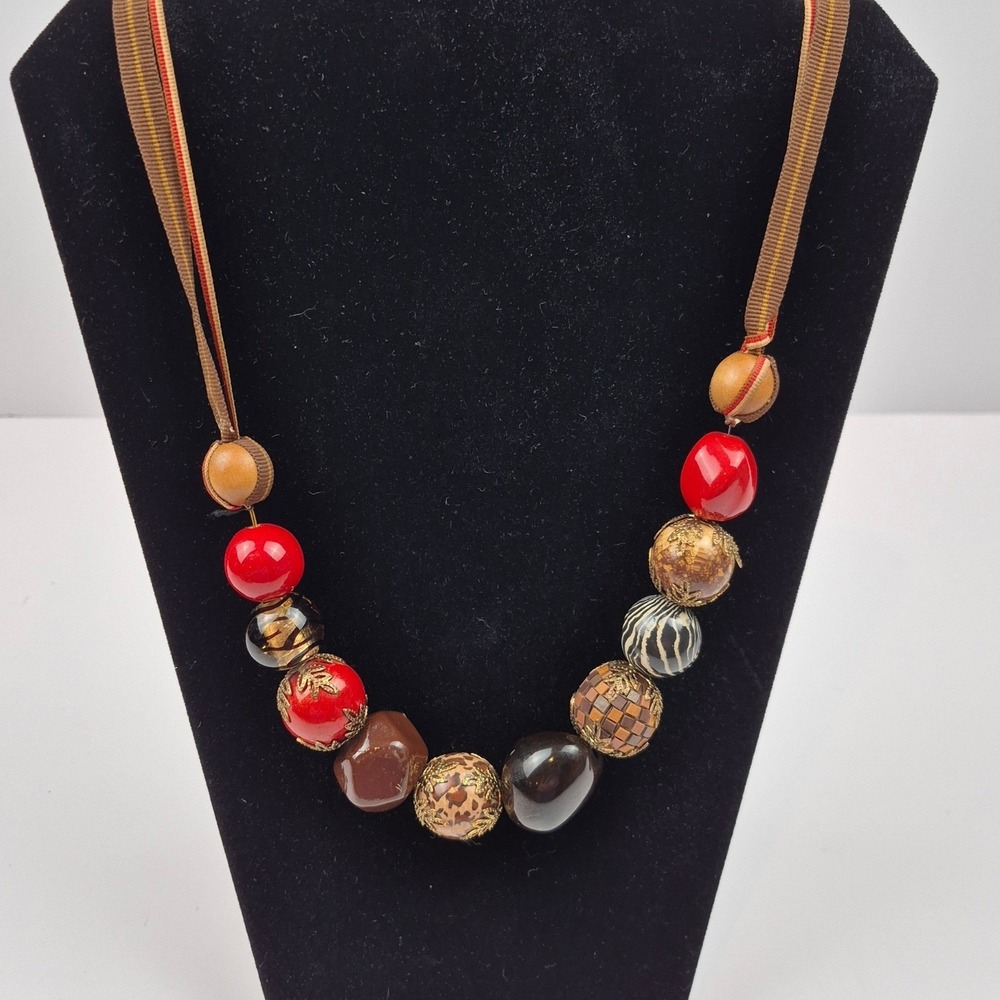 Global Chic Beaded Ribbon‎ Necklace Animal Print Red Brown Chunky Boho Y2K 38"